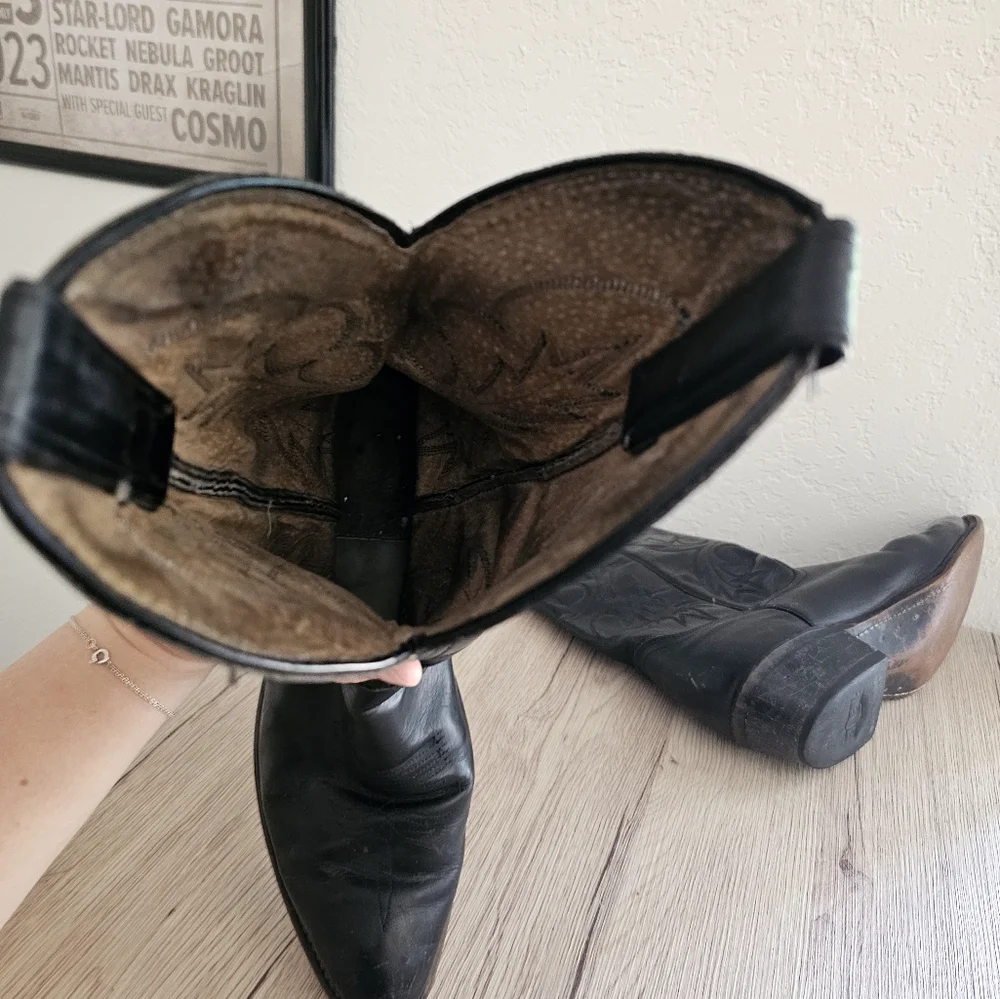 Abilene Cowboy Western Festival Floral Embroidered Black Leather Boots, size 8-9